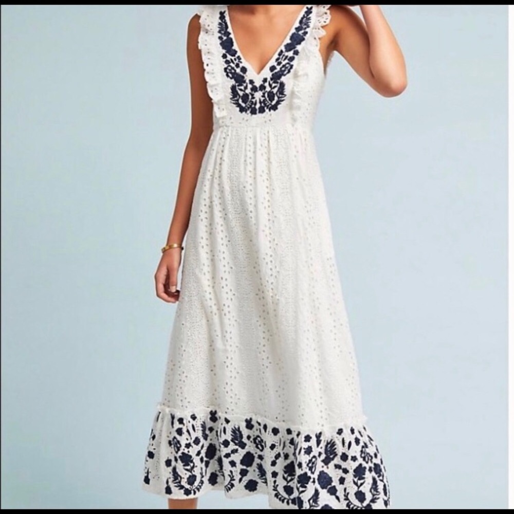 Anthropologie Embroidered eyelet midi dress